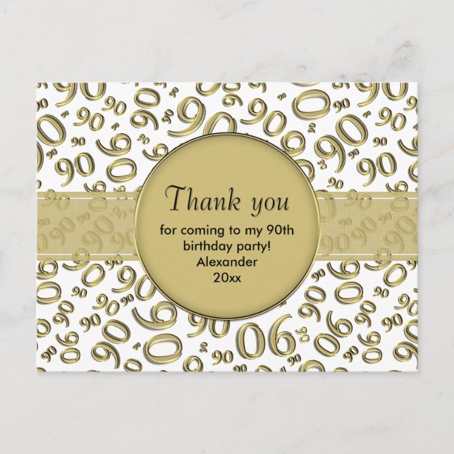 Carte Postale Motif de numéro d'anniversaire 90 or/blanc Merci (Devant)
