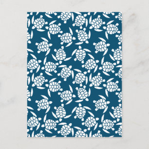 Carte Postale Motif de tortue de style côtier blanc et bleu