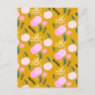 Carte Postale Motif de verdure florale cerise rose jaune  