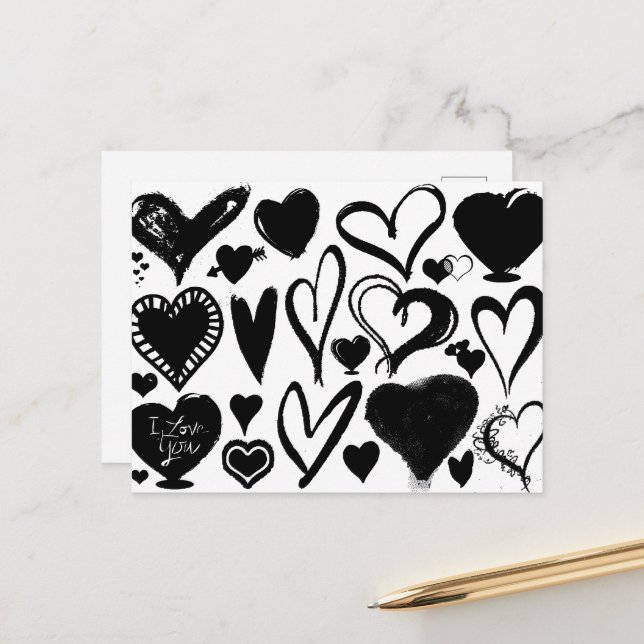 Carte Postale Motif des coeurs, Coeurs noirs, Noir et Blanc (Devant/Arrière en situation)