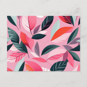 Carte Postale Motif feuille moderne du milieu du siècle en rose 