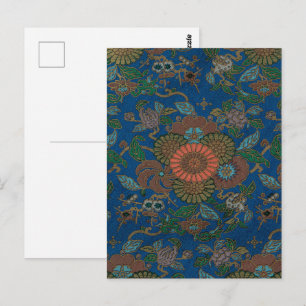 Carte Postale Motif Floral Vintage Japonais Bleu Royal