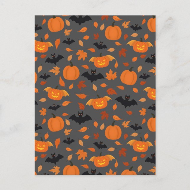 Carte Postale Motif Helloween | citrouille, chauve-souris, feuil (Devant)