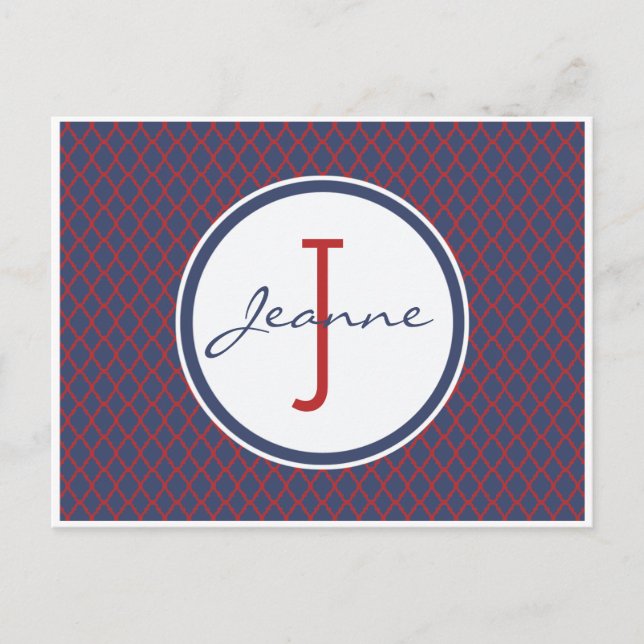 Carte Postale Motif Monogram Blue & Red Quatrefoil Trellis (Devant)