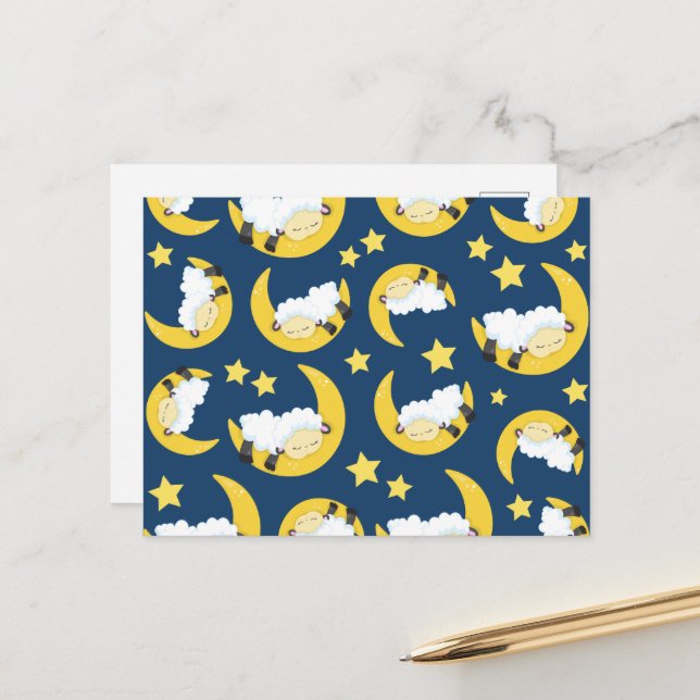 Carte Postale Motif mouton, Mouton couché, Lune, Étoiles (Devant/Arrière en situation)