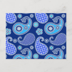 Carte Postale Motif Paisley, bleu cobalt et blanc