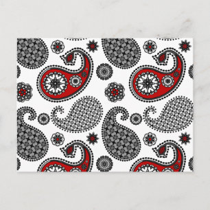 Carte Postale Motif Paisley, noir, blanc et rouge