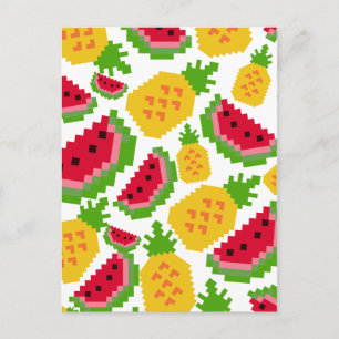 Carte Postale Motif Pixel de Pastèque et de Ananas Tropical