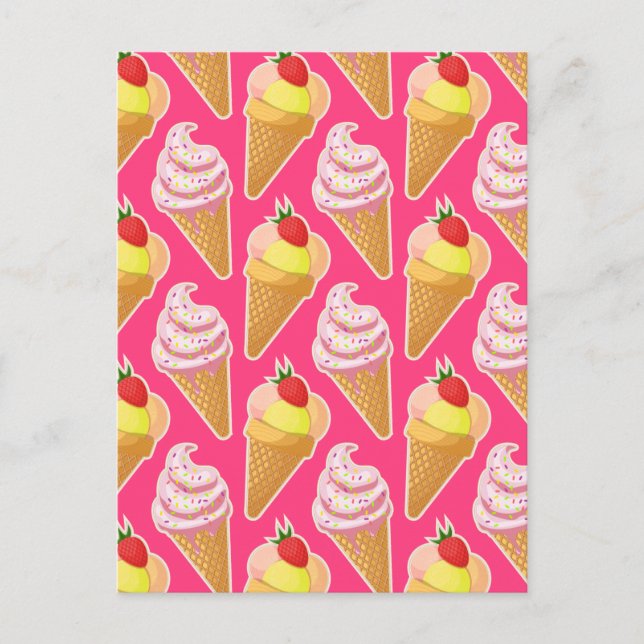Carte Postale Motif rose Kawaii avec crème glacée aux fraises (Devant)
