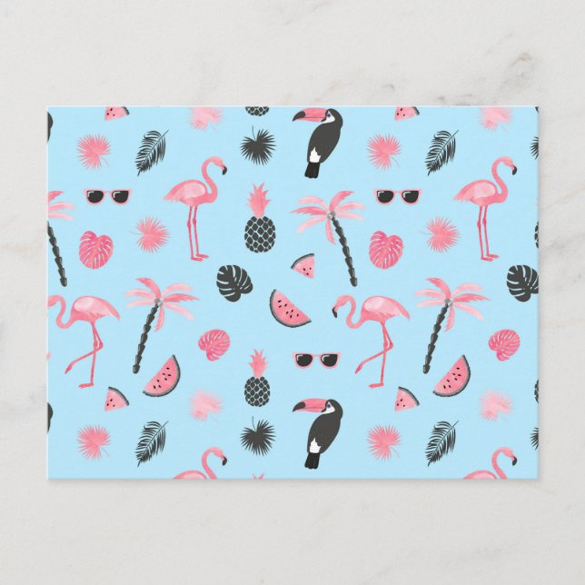 Carte Postale Motif tropical d'été rose et bleu (Devant)