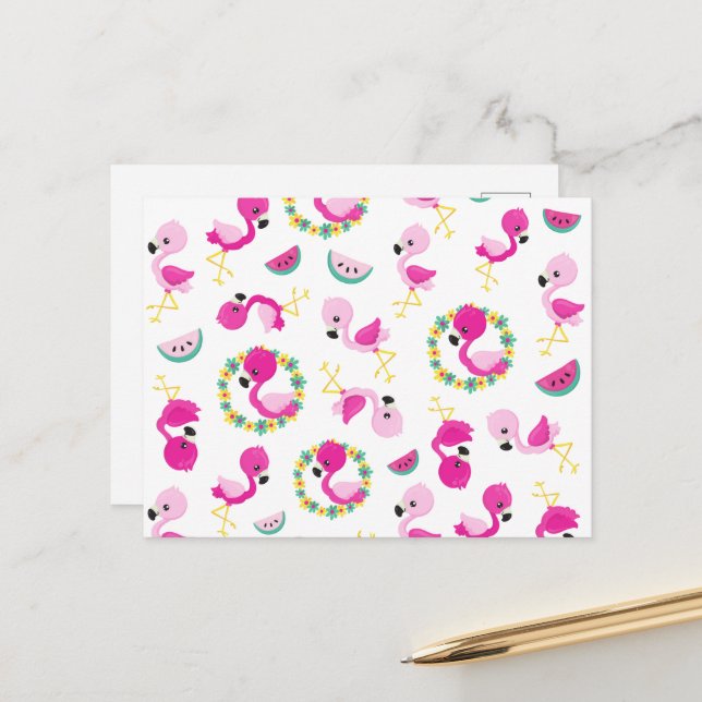 Carte Postale Motif tropical, Flamants roses, pastèques, Fleurs (Devant/Arrière en situation)