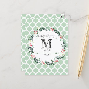 Carte Postale Motif vert Joyeux Noël couronne Monogramme bébé