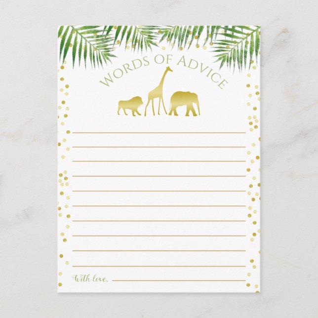 Carte Postale Mots de conseils pour la Baby Shower Safari Or (Devant)