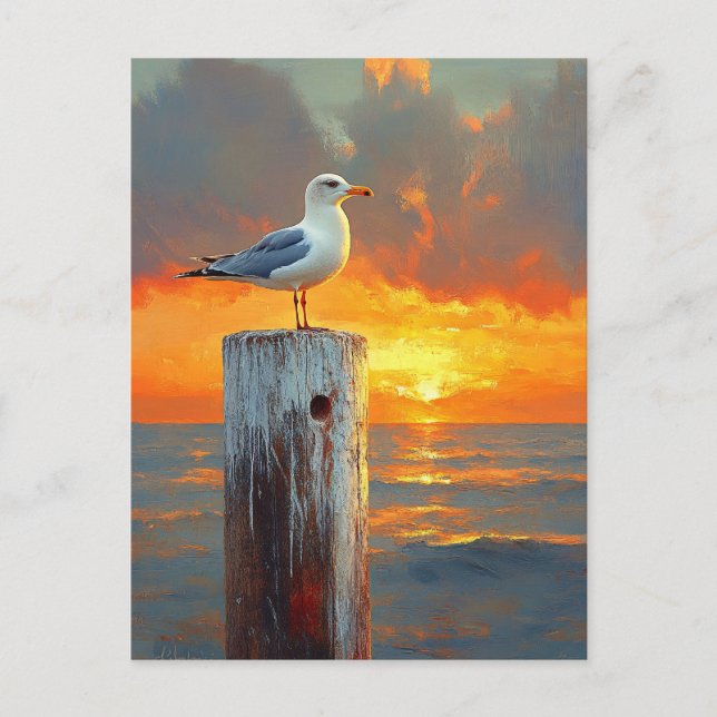 Carte Postale Mouette sur le coucher du soleil sur l'art océaniq (Devant)