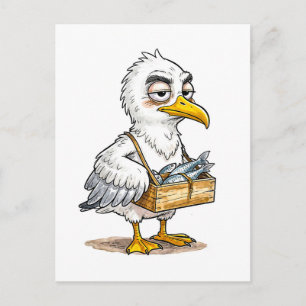 Carte Postale Mouette transportant une caisse de poissons sur la