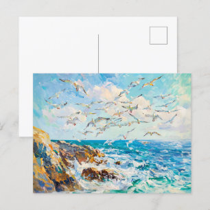 Carte Postale Mouettes au-dessus des vagues Impressionniste scèn