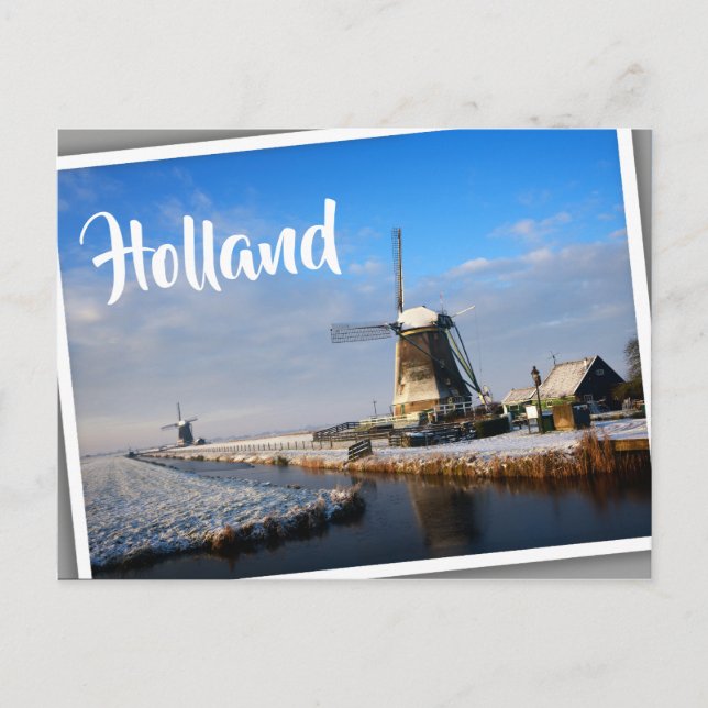 Carte Postale Moulin à vent dans la neige dans un paysage hivern (Devant)