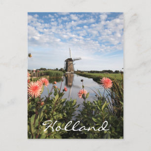 Carte Postale Moulin à vent et fleurs de dahlia roses en Holland