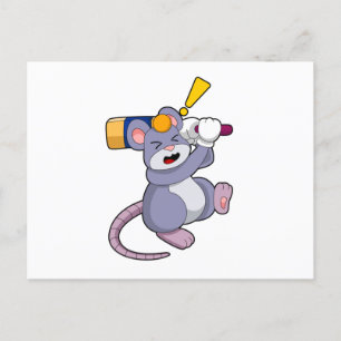 Carte Postale Mouse at Cricket with Cricket bat