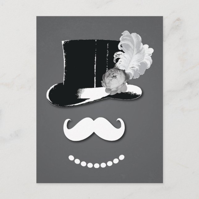 Carte Postale Moustache blanche, chapeau haut, plumes et rose (Devant)