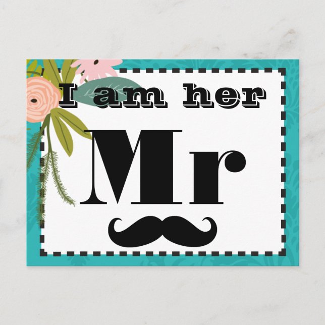 Carte Postale Moustache Je suis elle M Turquoise Floral Props (Devant)