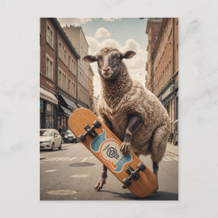 Carte Postale Mouton drôle de skateboard dans une rue de la vill