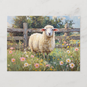 Carte Postale Moutons de printemps avec peinture Fleur sauvage