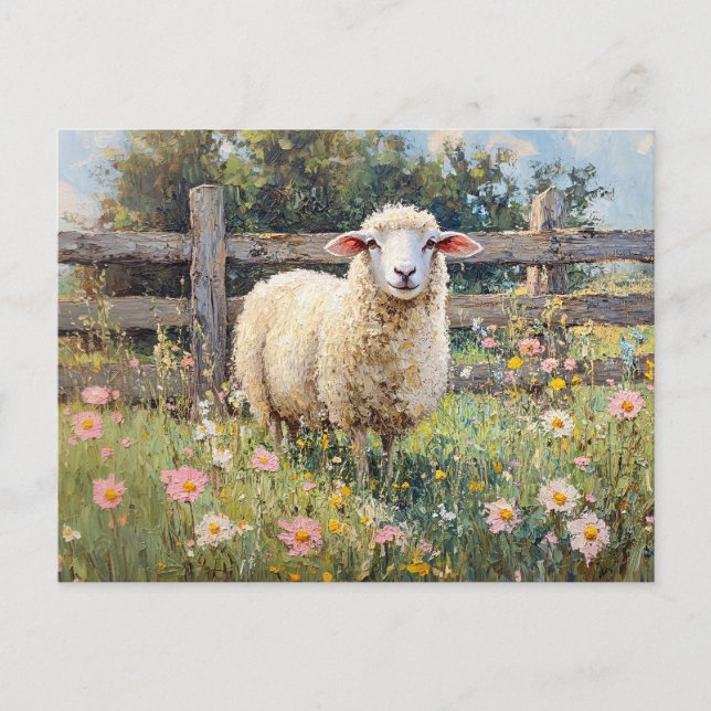 Carte Postale Moutons de printemps avec peinture Fleur sauvage (Devant)