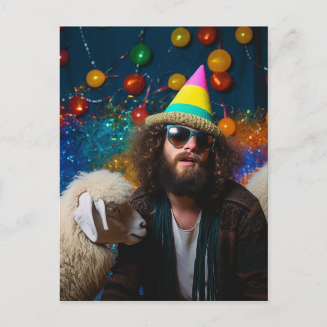 Carte Postale Moutons drôles et Jésus à une fête d'anniversaire  (Devant)