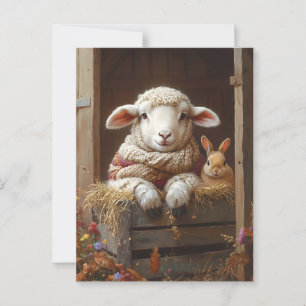 Carte Postale Moutons et lapin douillets en Grange avec Fleurs