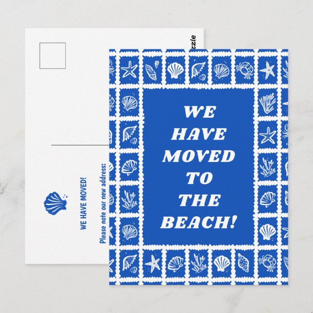 Carte Postale MOVING ANNOUNCEMENT ADDRESS Blue Seashells Beach (Devant / Derrière)