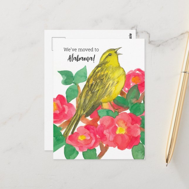 Carte Postale Moving Faire-part Alabama Yellowhammer Camellias (Devant/Arrière en situation)