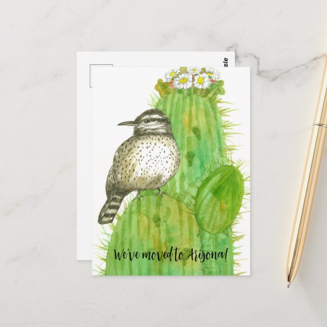 Carte Postale Moving Faire-part Arizona Cactus Wren Bird (Devant/Arrière en situation)