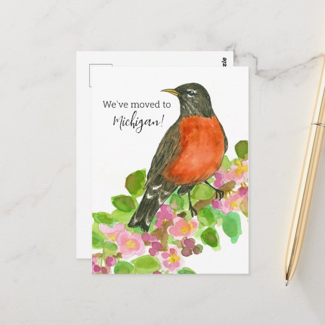 Carte Postale Moving Faire-part Michigan Robin Apple Blossom (Devant/Arrière en situation)