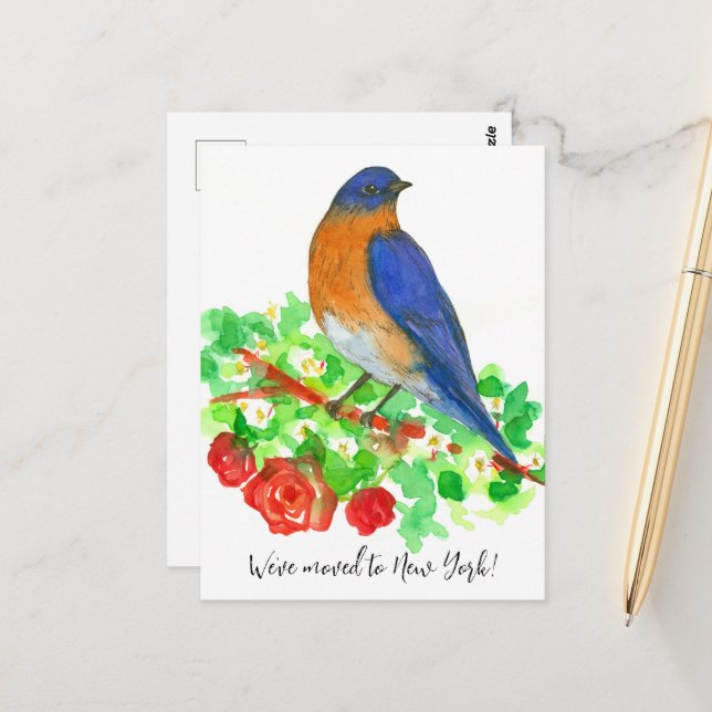 Carte Postale Moving Faire-part New York Bluebird Red Roses (Devant/Arrière en situation)