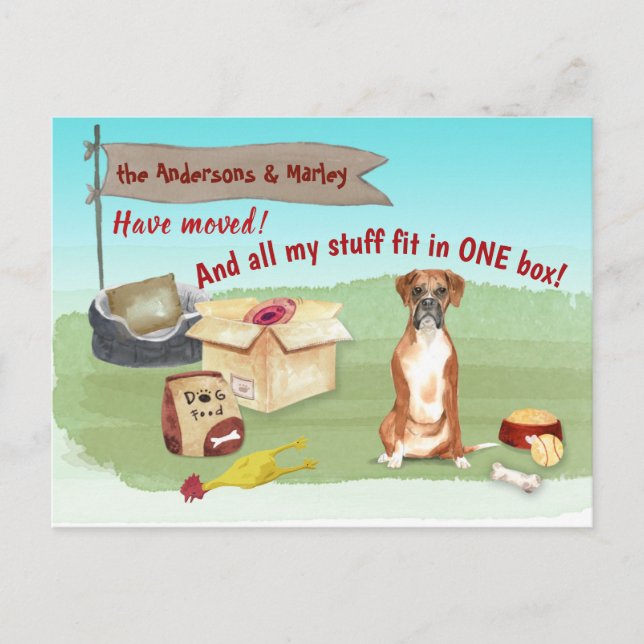 Carte Postale Moving mignon Boxer Chien Notre nouvelle adresse (Devant)