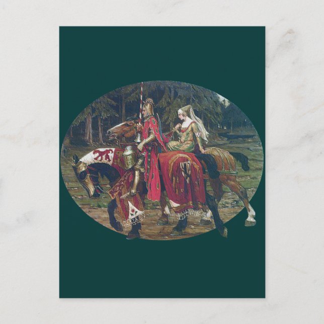 Carte Postale Mucha chevalier dame peindre chevaux forêt romanti (Devant)
