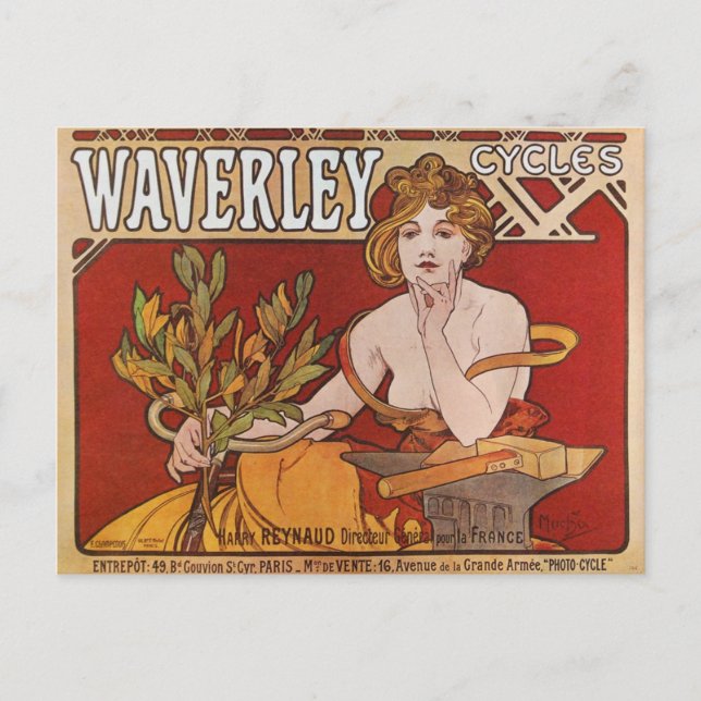 Carte Postale Mucha ~ Cycles Waverley 1898 (Devant)