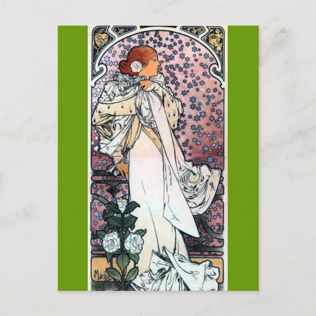 Carte Postale mucha dame avec camélias théâtre art nouveau (Devant)