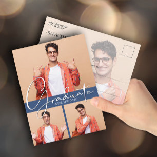 Carte Postale Multi Photo Blue Graduation Enregistrer la date