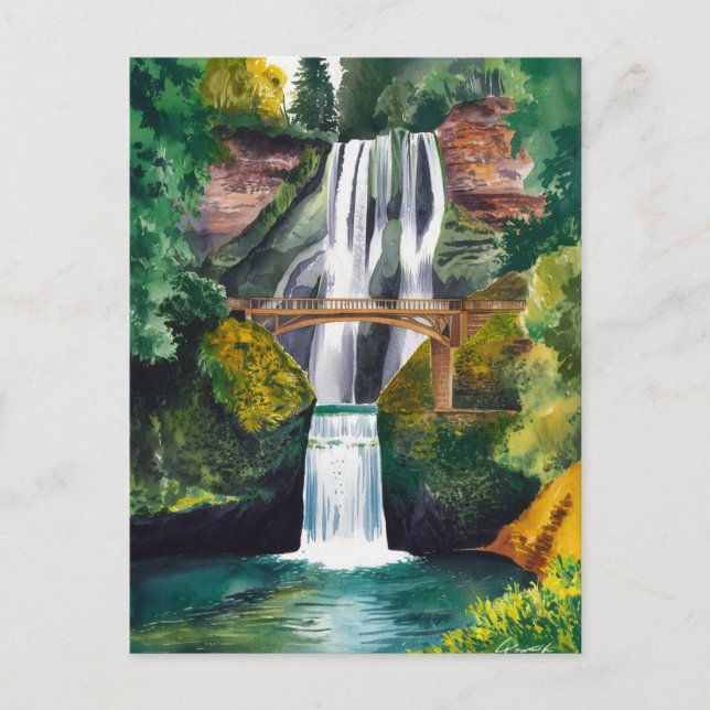 Carte Postale Multnomah Falls Watercolor Peinture Voyage (Devant)