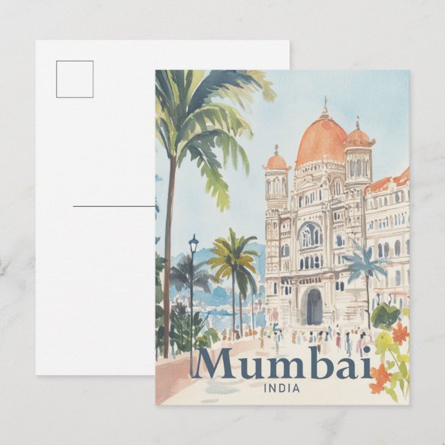 Carte Postale Mumbai Inde Aquarelle Peinture Voyage (Devant / Derrière)