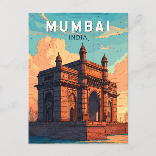 Carte Postale Mumbai Inde Illustration Voyage Art Vintage (Devant)