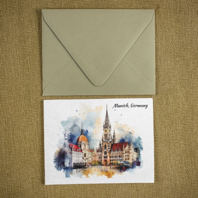 Carte Postale Munich Allemagne Panorama Voir aquarelle Peinture (Munich Germany Panorama View Watercolor Painting Postcard)