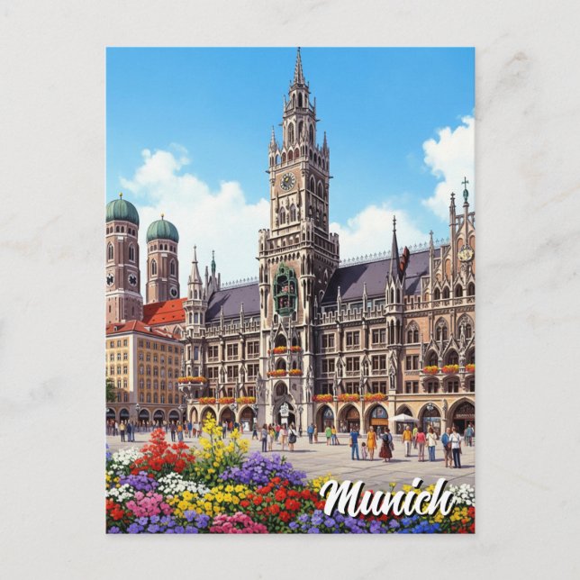 Carte Postale Munich Marienplatz Allemagne Fleurs (Devant)