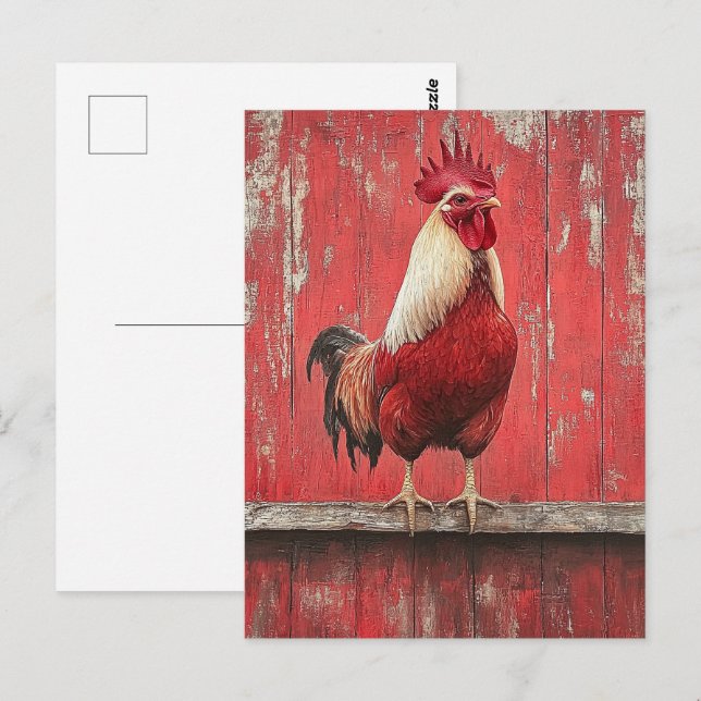 Carte Postale Mur de la grange en bois rouge coq (Devant / Derrière)