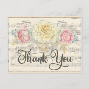 Carte Postale Musique antique avec Merci Floral rose jaune