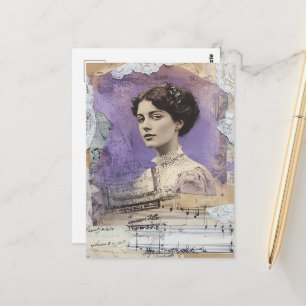 Carte Postale Musique de feuille de collage mixte femme vintage