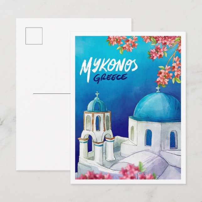 Carte Postale Mykonos Grèce Art Aquarelle Illustration de voyage (Devant / Derrière)