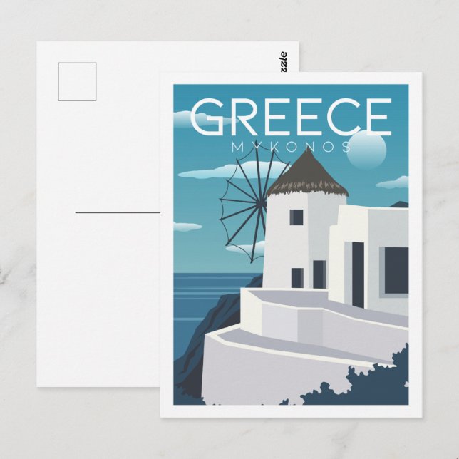 Carte Postale Mykonos Grèce célèbre lieu de voyage Illustration (Devant / Derrière)